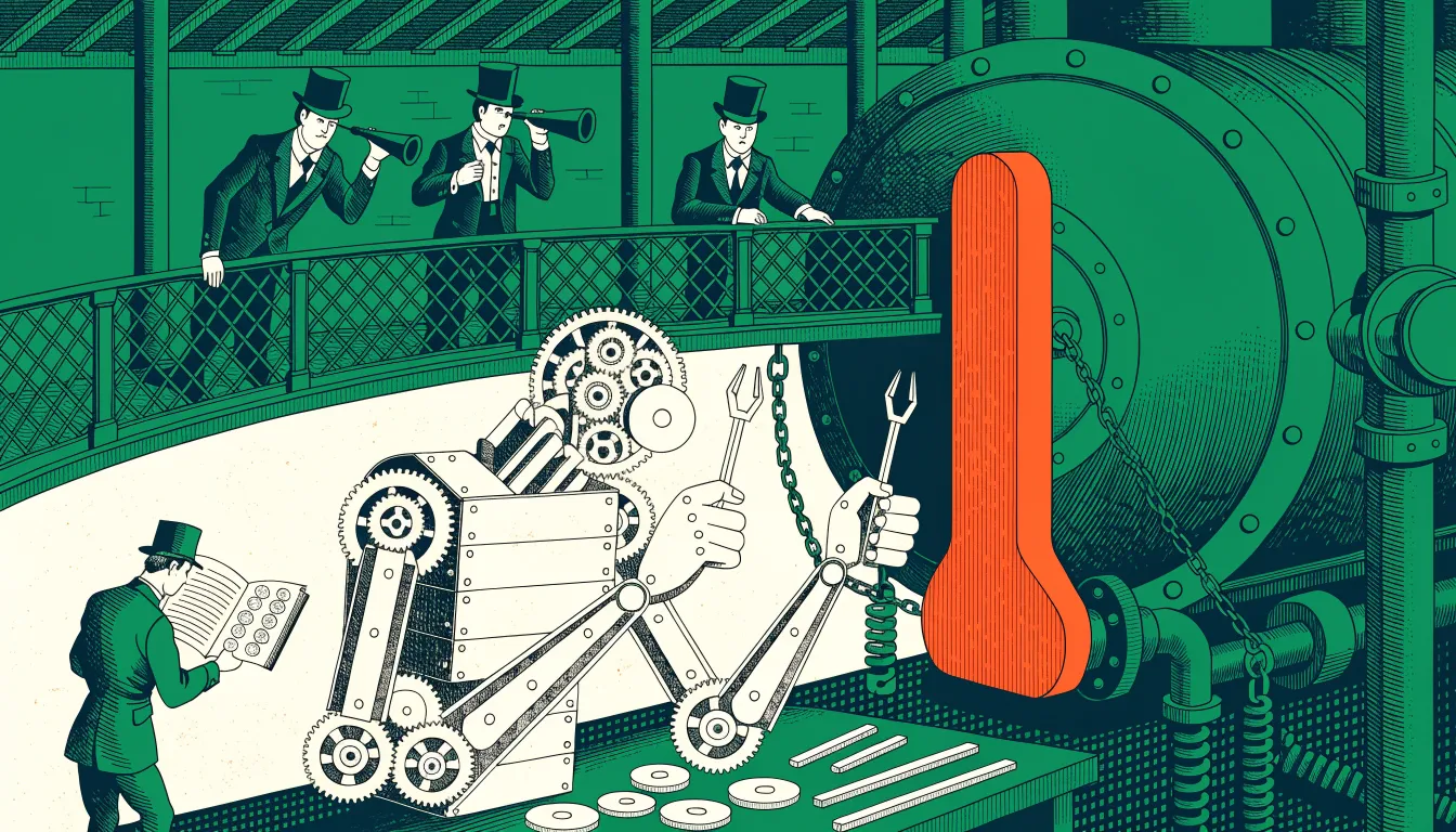 다크 에메랄드 듀오톤 동판화풍으로 그린 19세기 기관실. 거대한 놋쇠 자동인형이 자기 손으로 자신과 같은 기계를 조립하고, 철제 난간 위에서 실크해트를 쓴 감사관들이 망원경으로 지켜보며 한 사람은 보일러에 사슬로 이어진 주황색 비상 레버에 손을 얹고, 아래에서는 기술자가 봉인 장부를 살피는 팝아트 판화
