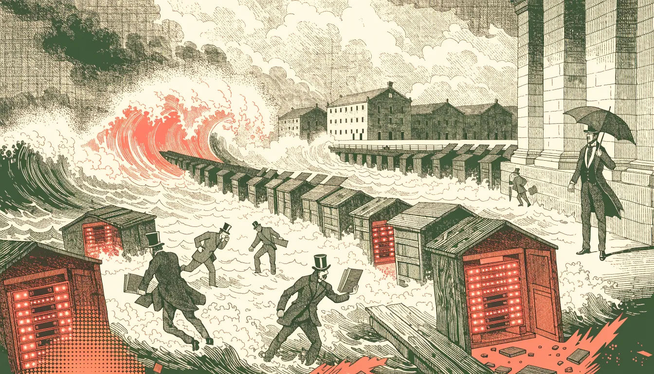 포레스트 그린 듀오톤 동판화풍 옛 항구에서 서버 랙이 산호색으로 빛나는 작은 임대 창고들이 폭풍 파도에 휩쓸려 상인들이 장부를 들고 달아나고, 뒤편 큰 석조 창고들만 버티는 가운데 우산 쓴 은행가가 지켜보는 팝아트 판화